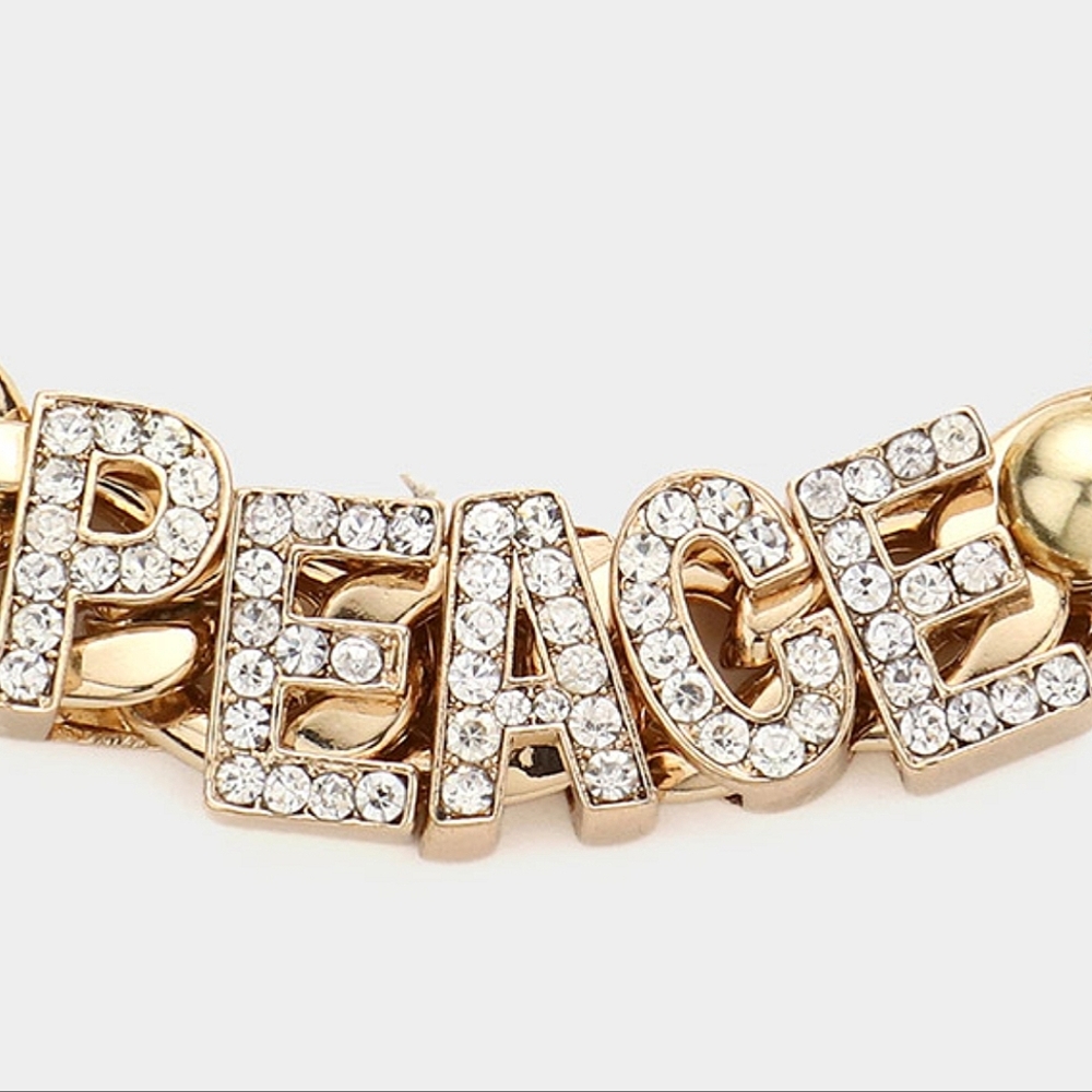 Gold Crystal PEACE Chain Link Bold Metal Toggle Message Word Charm Bracelet - Picture 2 of 3
